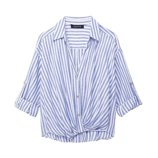 Women's Striped Knot Twist Front Shirt Linen V-Neck Blouse