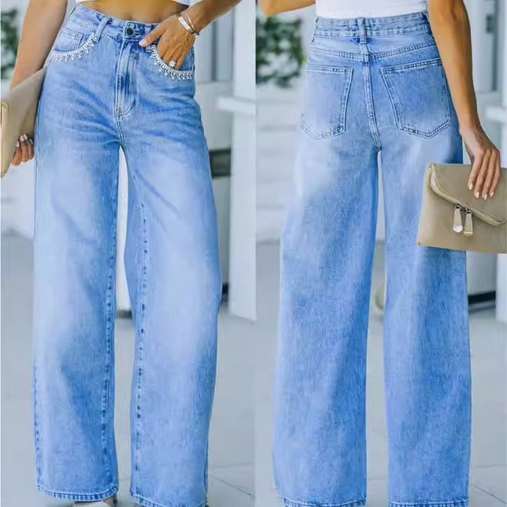 Women's Pearl Pocket Denim Jeans Loose Style Washed Look Pants