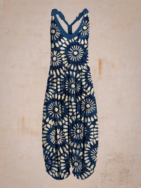 Women's Hippie Style Print Loose Wide Leg Sleeveless Racer Back Jumpsuit