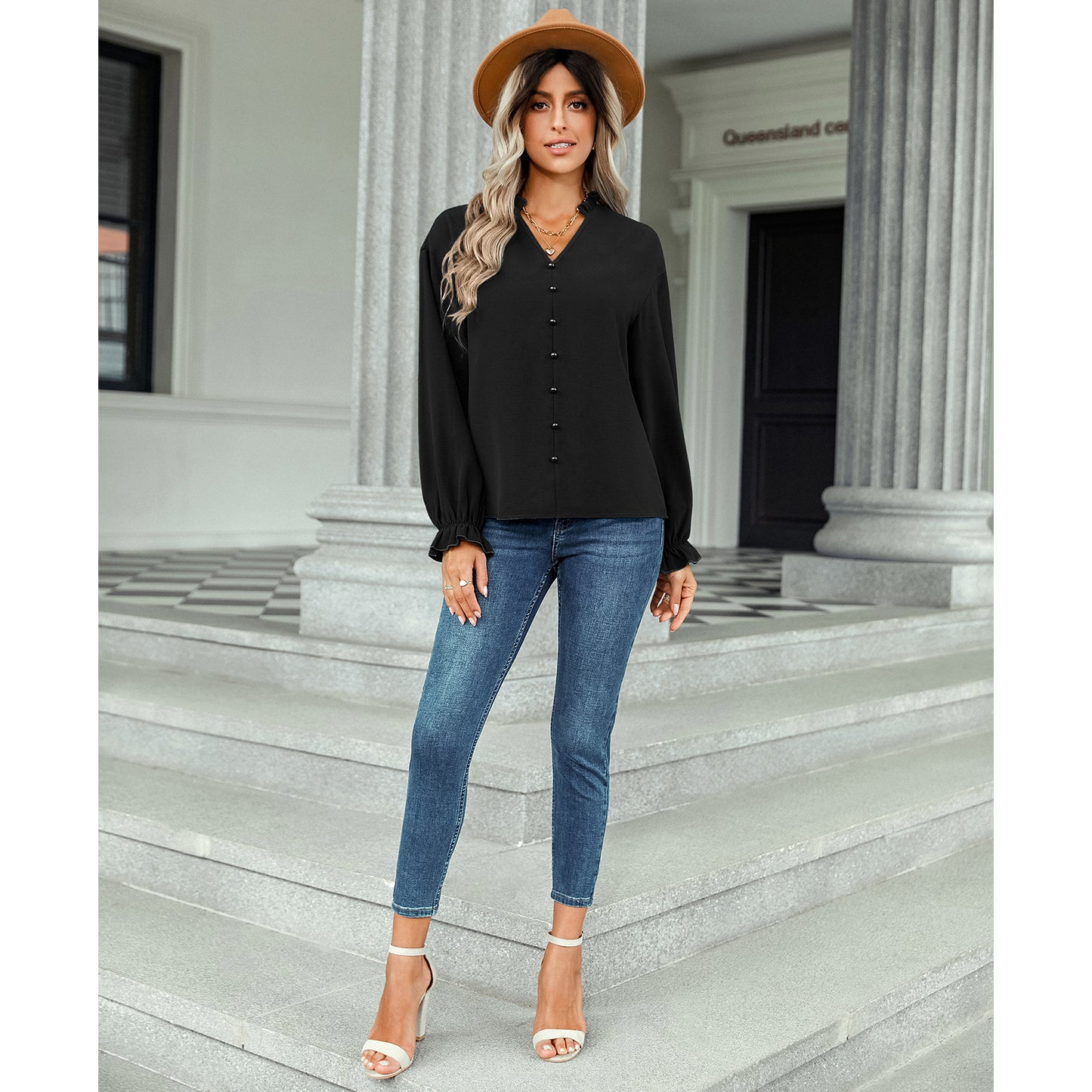 Women's V-Neck Button Detail Frill Collar and Cuffs Blouse