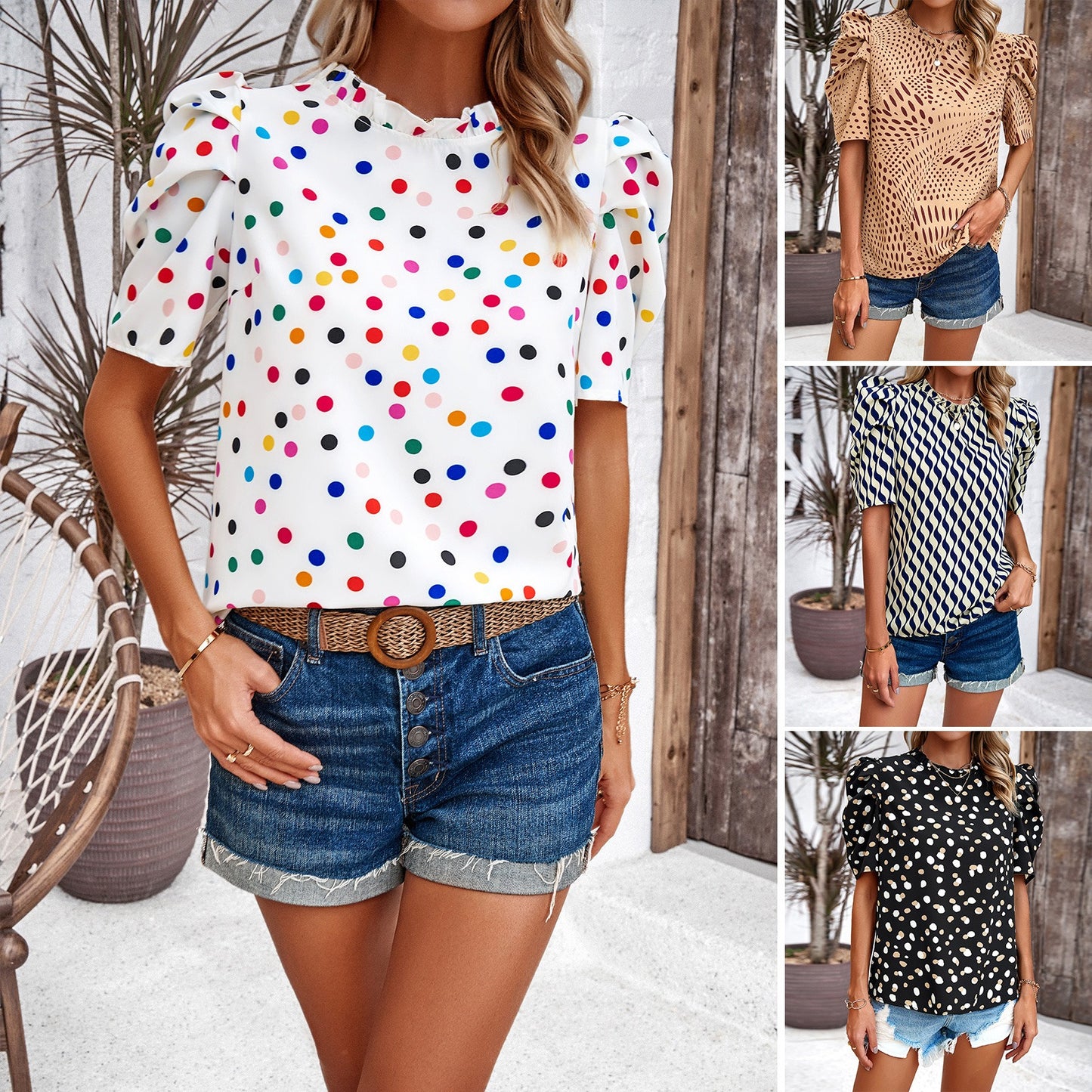 Women's Multicolour Abstract Print Short Top Bubble Sleeve Round Neck T-shirt