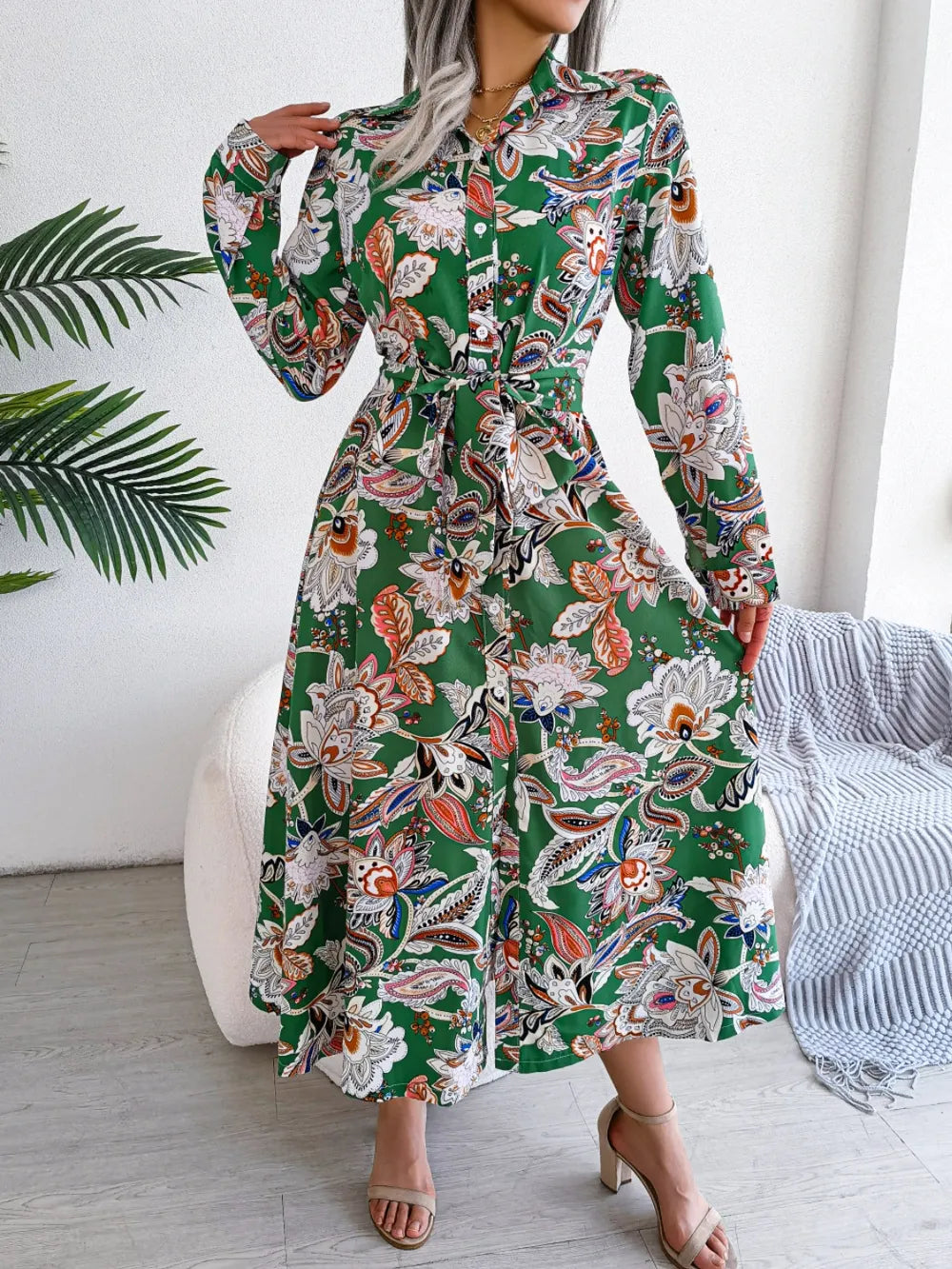 Women's Floral Printed Button Front Long Sleeve Midi Dress