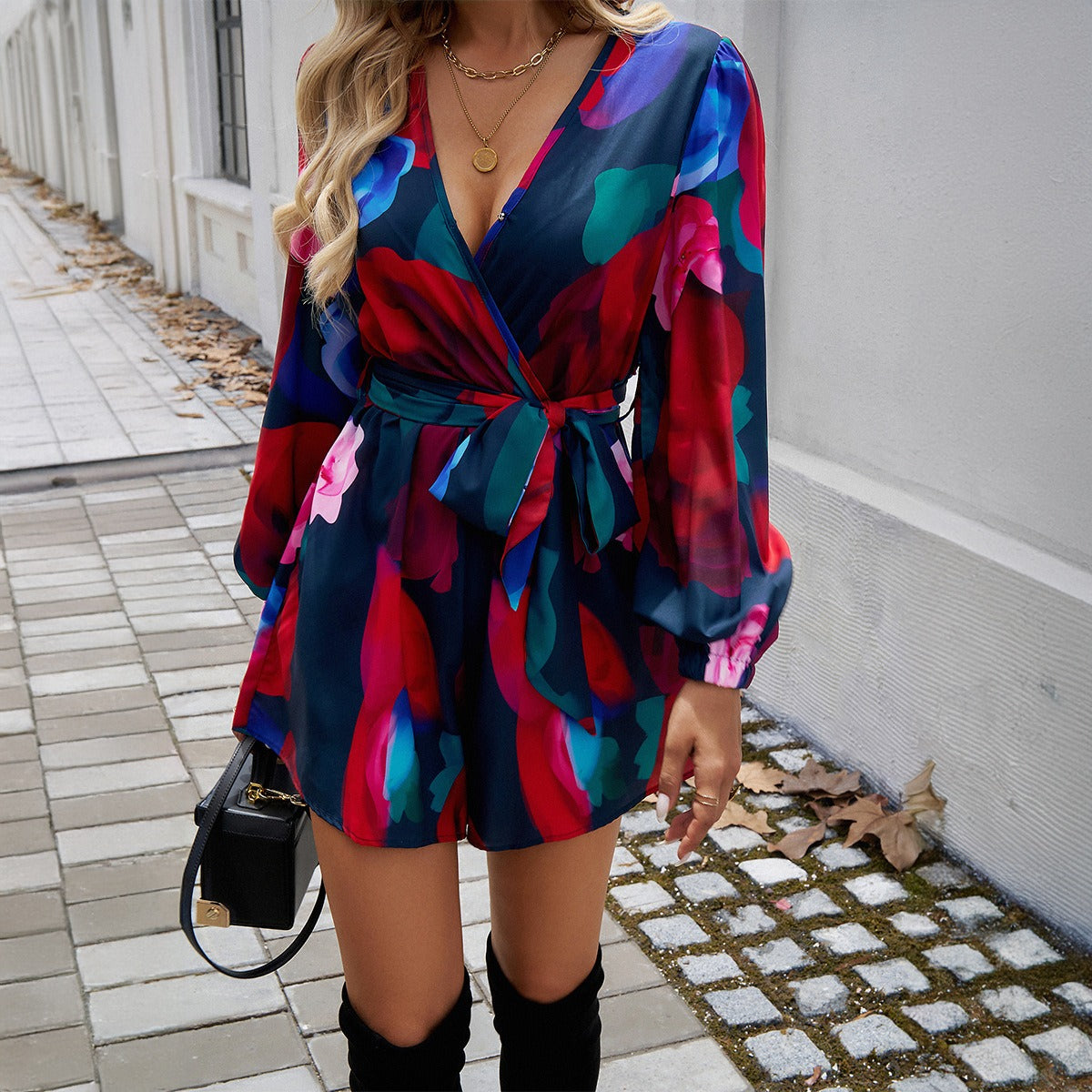 Women's Floral Print Playsuit V-neck Wrap Front Long Sleeve Short Length Tie Belt Waist