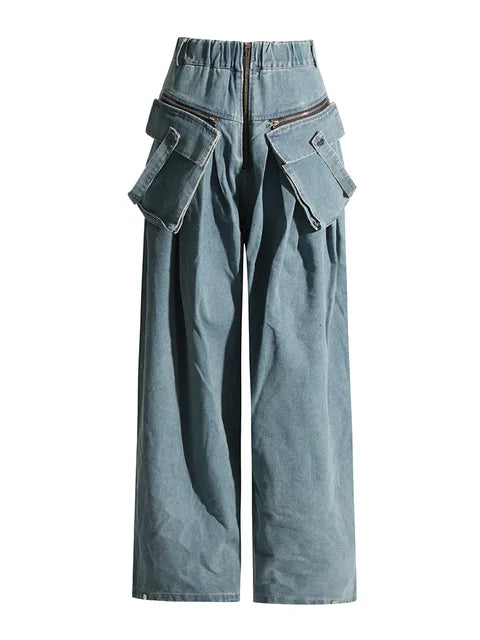 Women's Denim Wide Leg Zipper Front Large Pockets Cargo Jeans