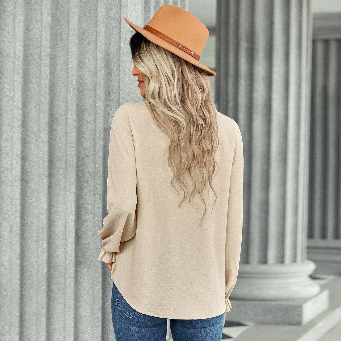 Women's V-Neck Button Detail Frill Collar and Cuffs Blouse