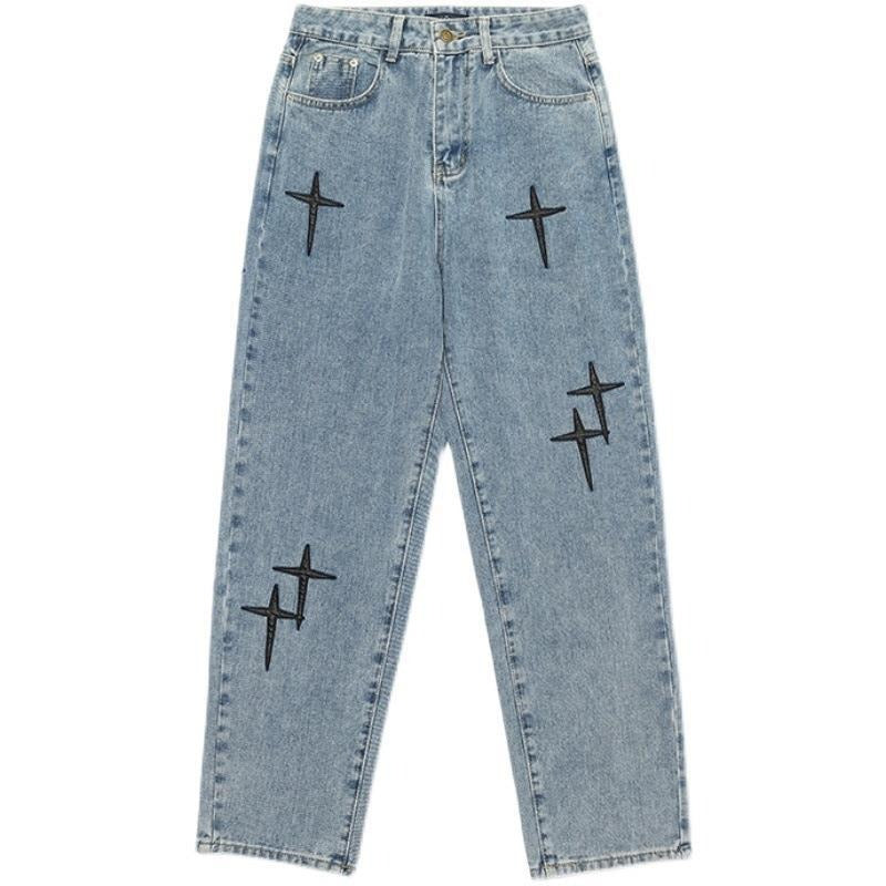 Men's Cross Patch Embroidered Denim Jeans Loose Fit Straight Leg Trousers