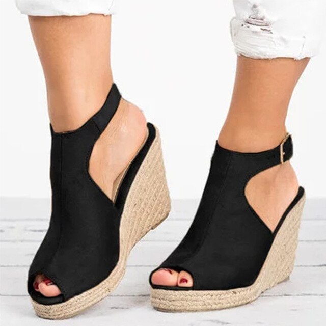 Women's Faux Suede Peep Toe Cork Wedge Ankle Strap Sandals
