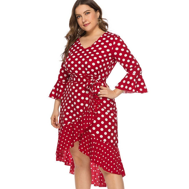 Women's Plus Size Polka Dot Wrap Dress Long Sleeve V-Neck Knee Length
