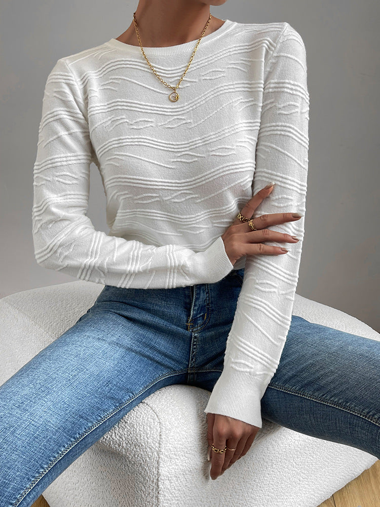 Women's White Thin Sweater Top Jacquard Knitwear Long Sleeve Round Neck Casual Fashion