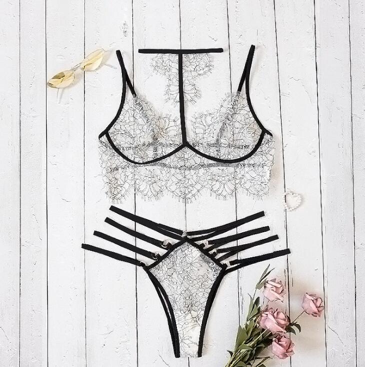Women's Sexy Lace and Detailed Strap 2 Piece Bralette and Pants Lingerie Set