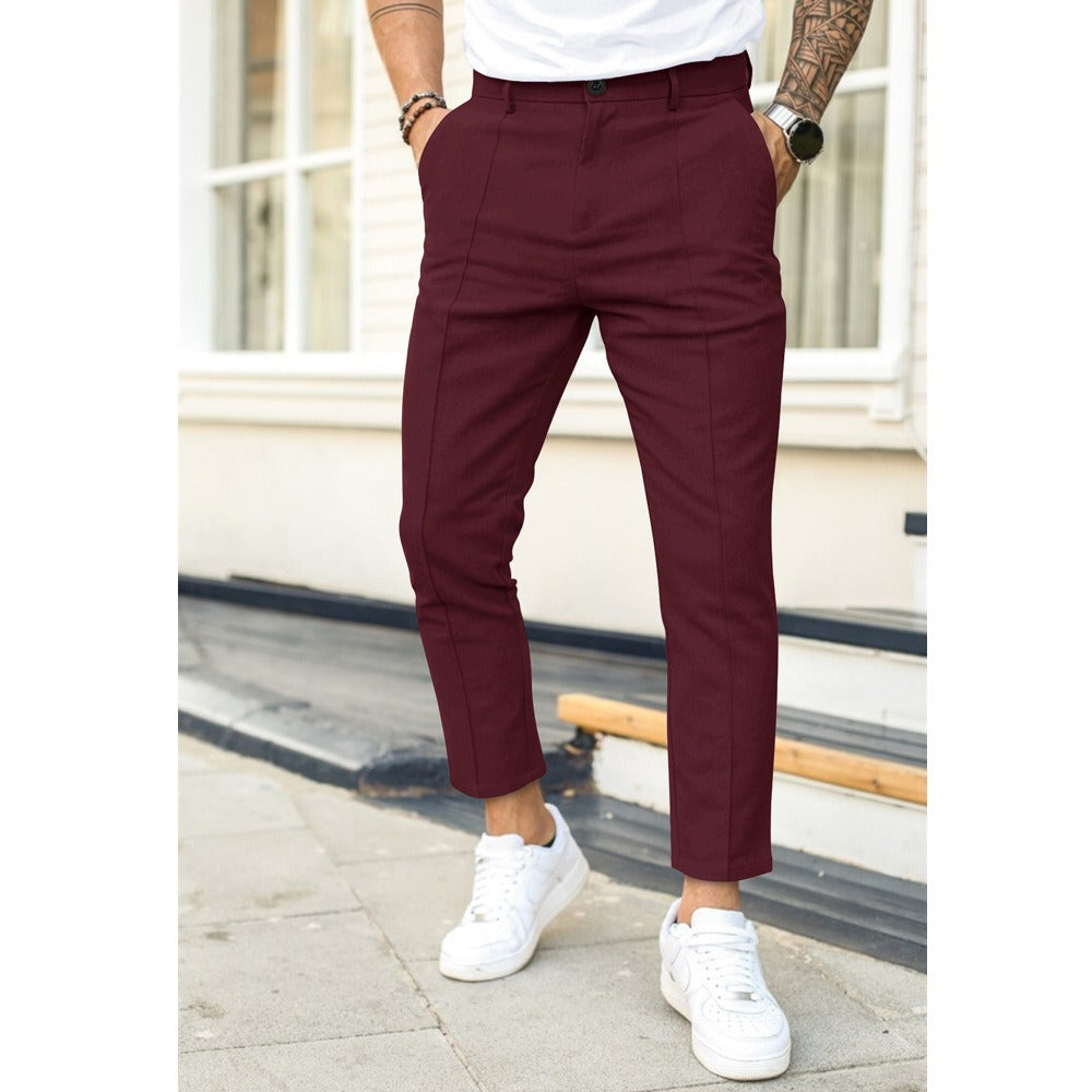 Men's Solid Colour Double Line Seamed Narrow Front Pockets Smart Casual Trousers