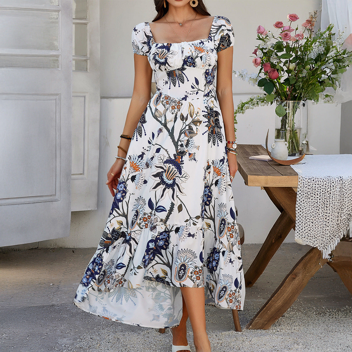 Women's Bohemian Floral Short Sleeve Fitted Maxi Dress