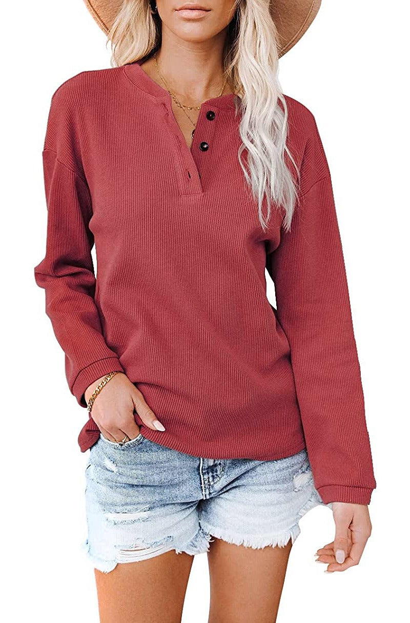 Women's Solid Colour V-Neck Long Sleeved Top Button Collar Round Neck Sweater