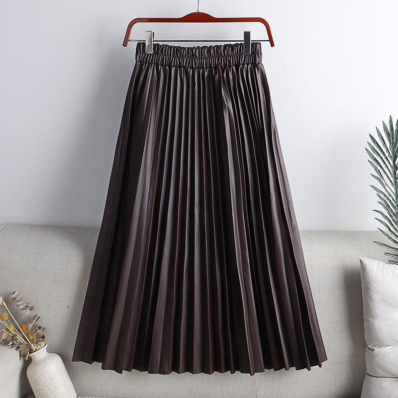 Women's PU Leather Pleated Midi Skirt