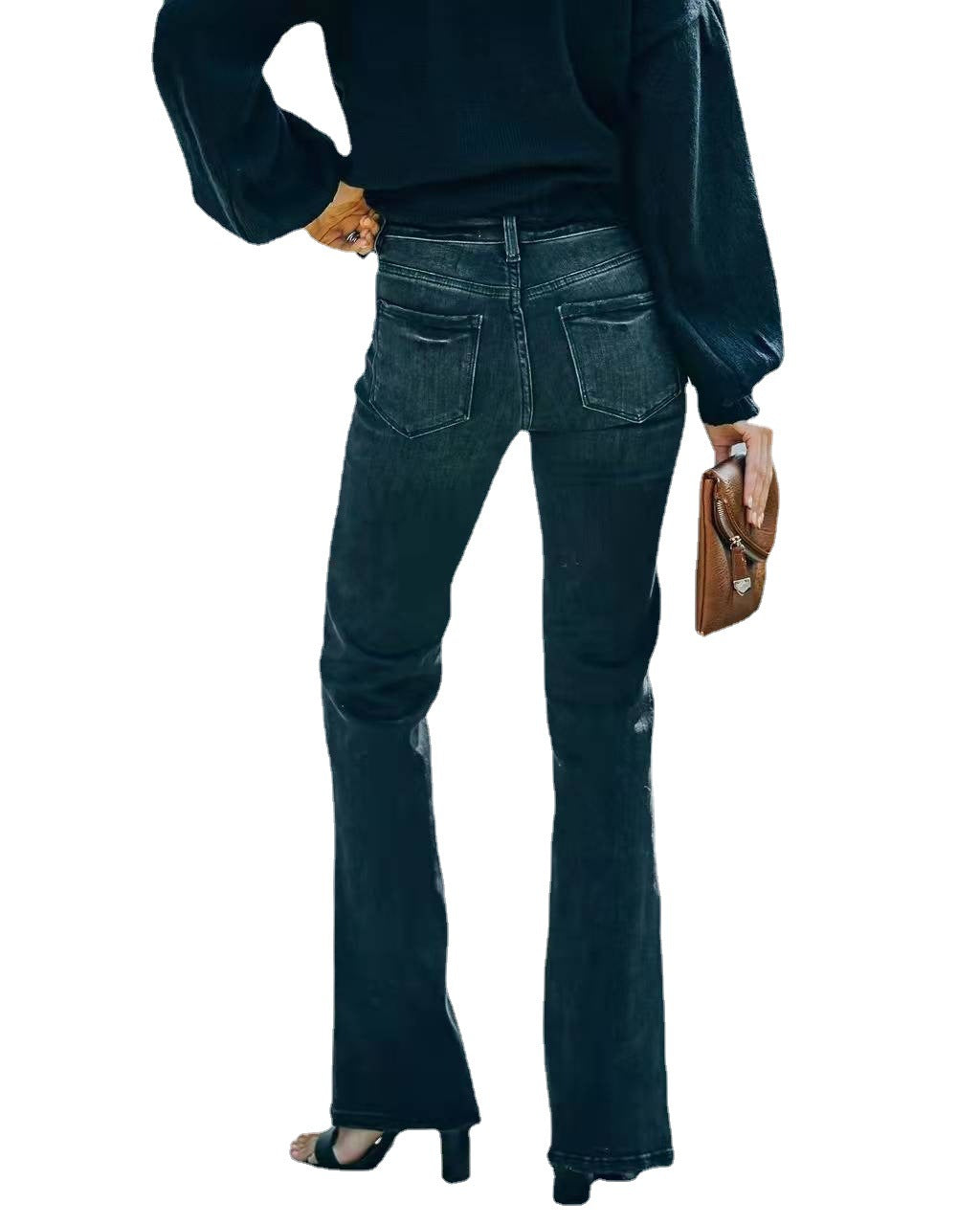 Women's Dark Denim Jeans High Waist Stretch Flare Trousers