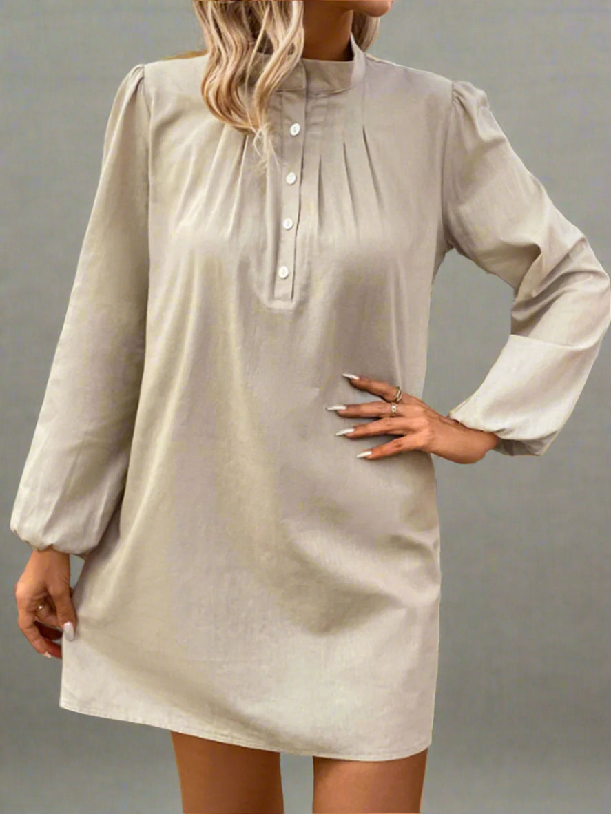 Women's Half Button Stand Up Collar Long Sleeve Loose Mini Shirt Dress