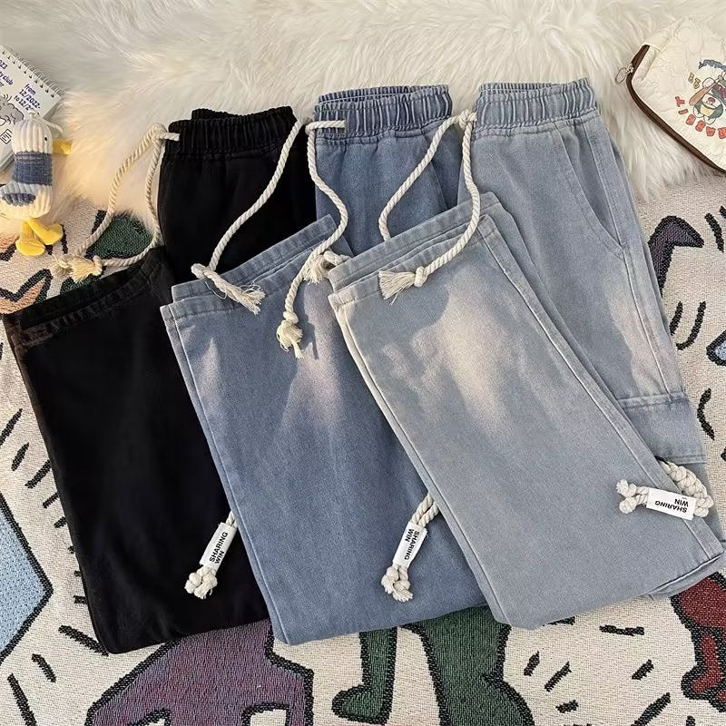 Women's Denim Combat Style Wide Leg Jeans with Elastic Drawstring Waist