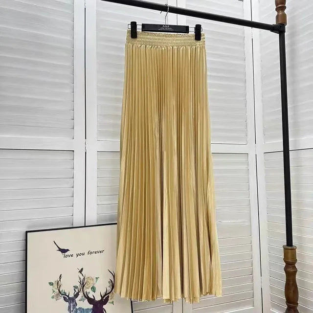 Women's Solid Colour Pleated Elastic Waist Maxi Skirt