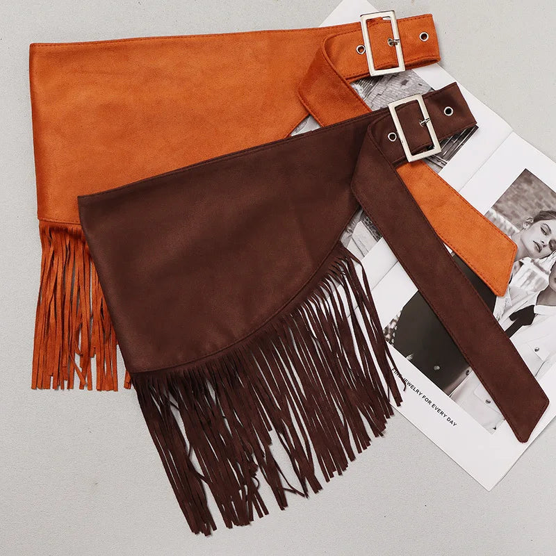 Women's Velvet Bohemian Wide Waistband Buckle Belt With Tassels