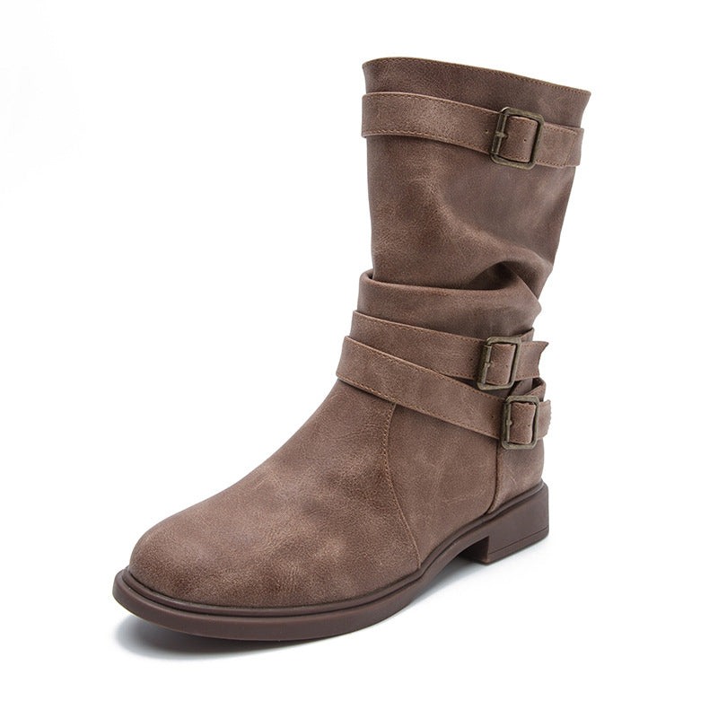Women's Calf Boots Round Head Flat Heel Motorcycle Boots
