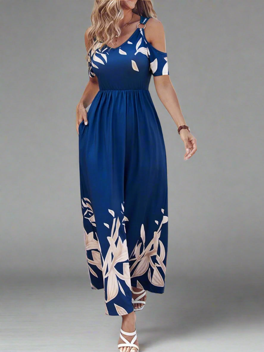 Women's Royal Blue Printed Cut Out Shoulder Maxi Dress