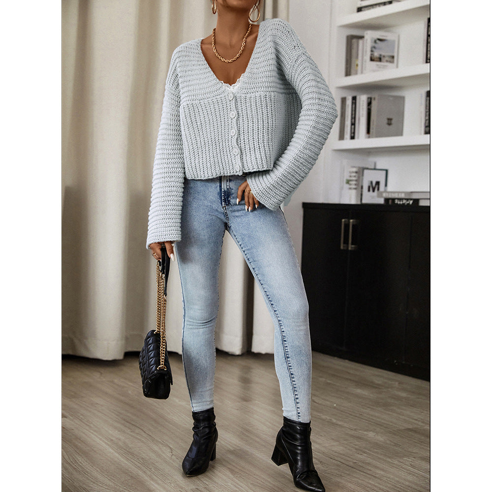 Women's Solid Colour Knitted Cardigan Sweater Long Sleeve Button Front Loose Top