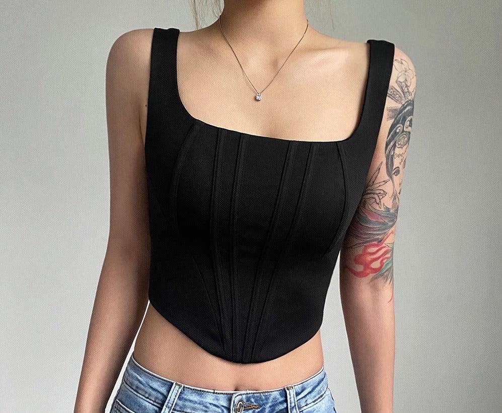 Women's Solid Colour Sexy Crop Corset Style Top Square Neck Fitted Short Vest