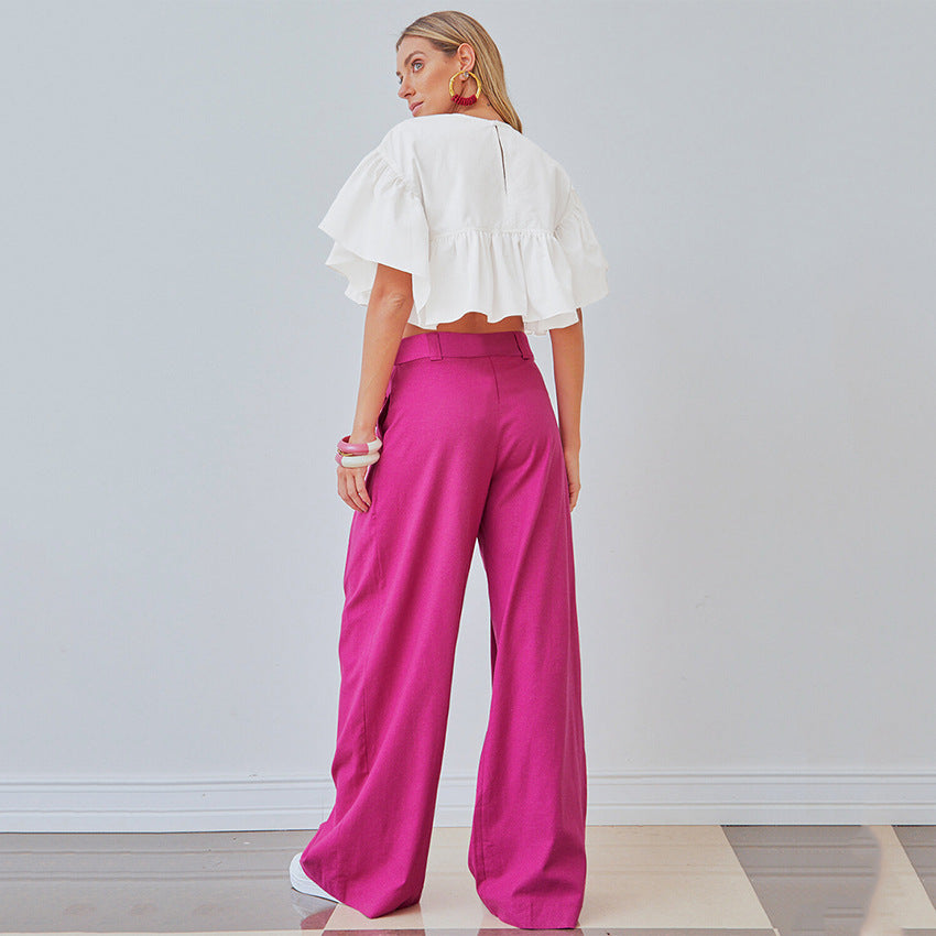 Women's Hot Pink Cotton Linen Wide Leg High Waist Trousers