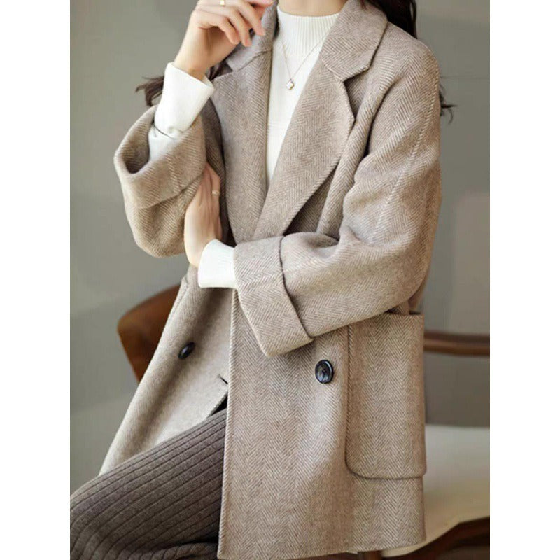 Women's Herringbone Wool Coat Double Breasted Loose Fit With Pockets