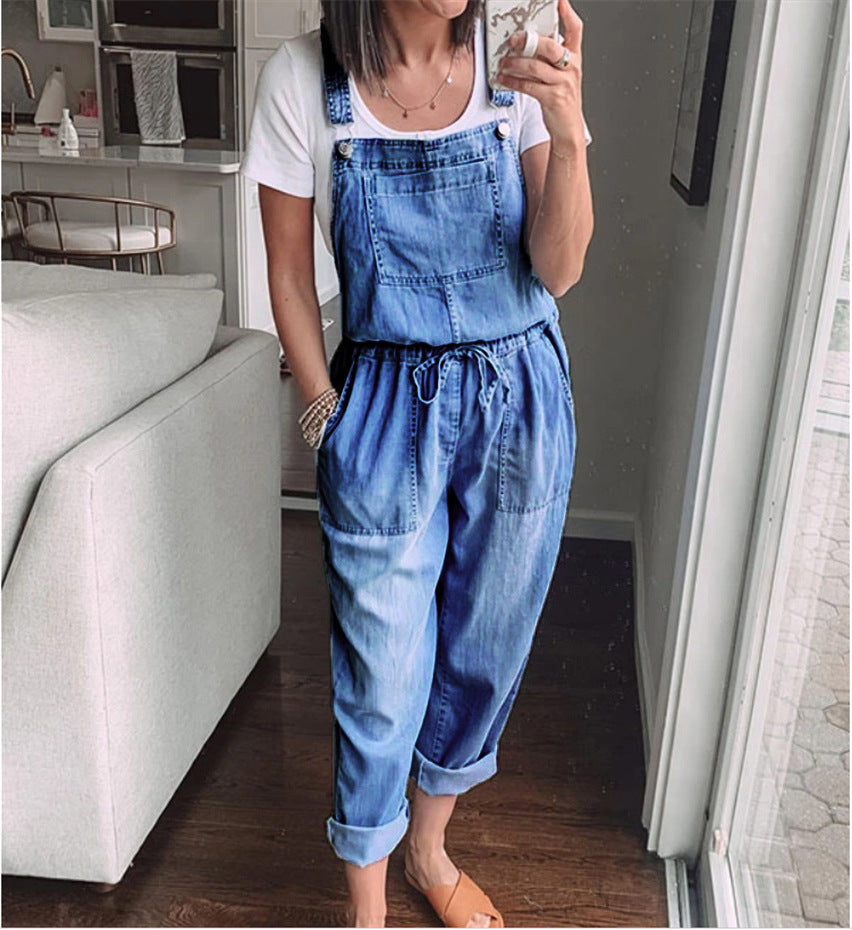 Women's Denim Jumpsuit Drawstring Waist with Pockets Dungarees