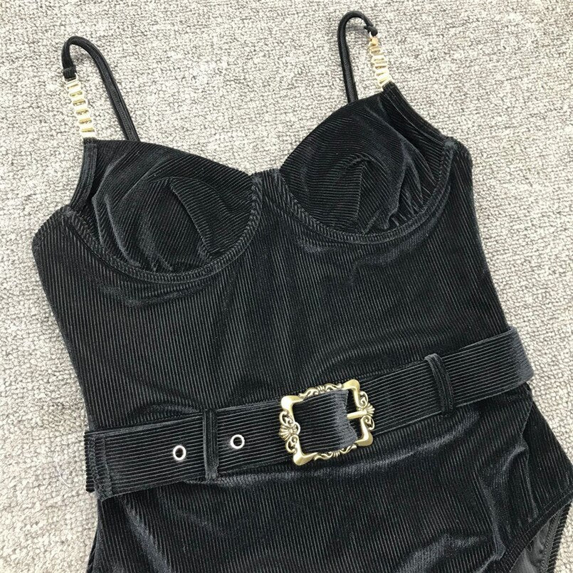 Women's Solid Ribbed Fitted Bodysuit Soft Cord Embellished Straps Belt Buckle Detail Underwired Fitted Top