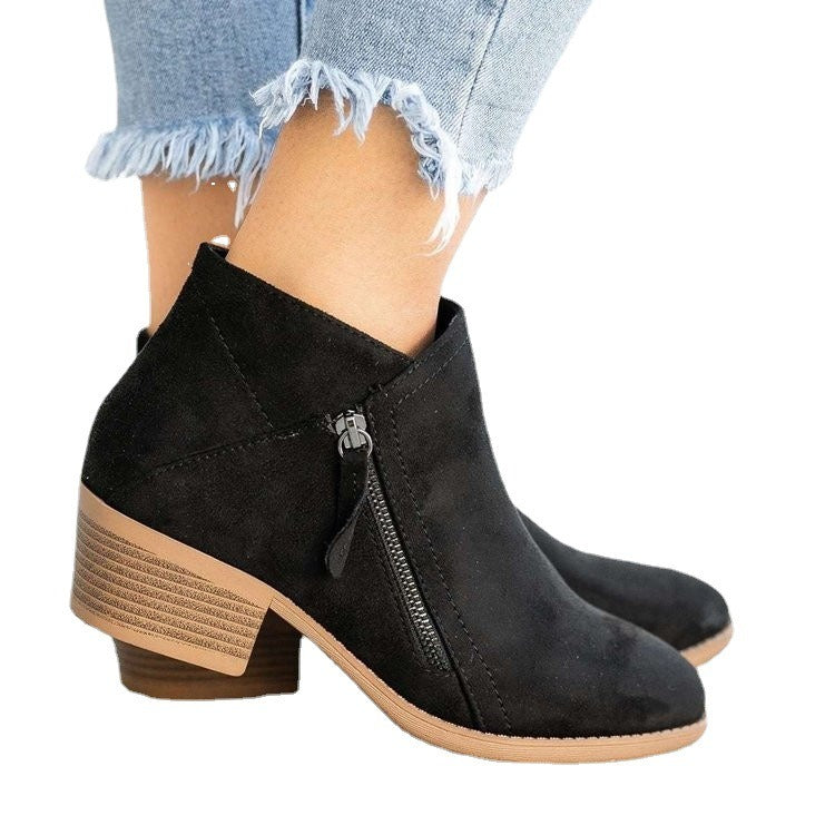 Women's Suede Ankle Boots Short Thick Heel Side Zipper