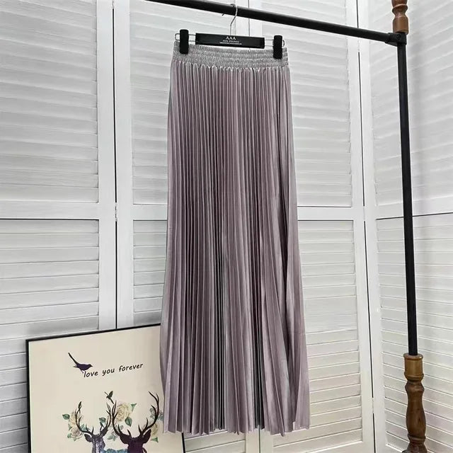 Women's Solid Colour Pleated Elastic Waist Maxi Skirt
