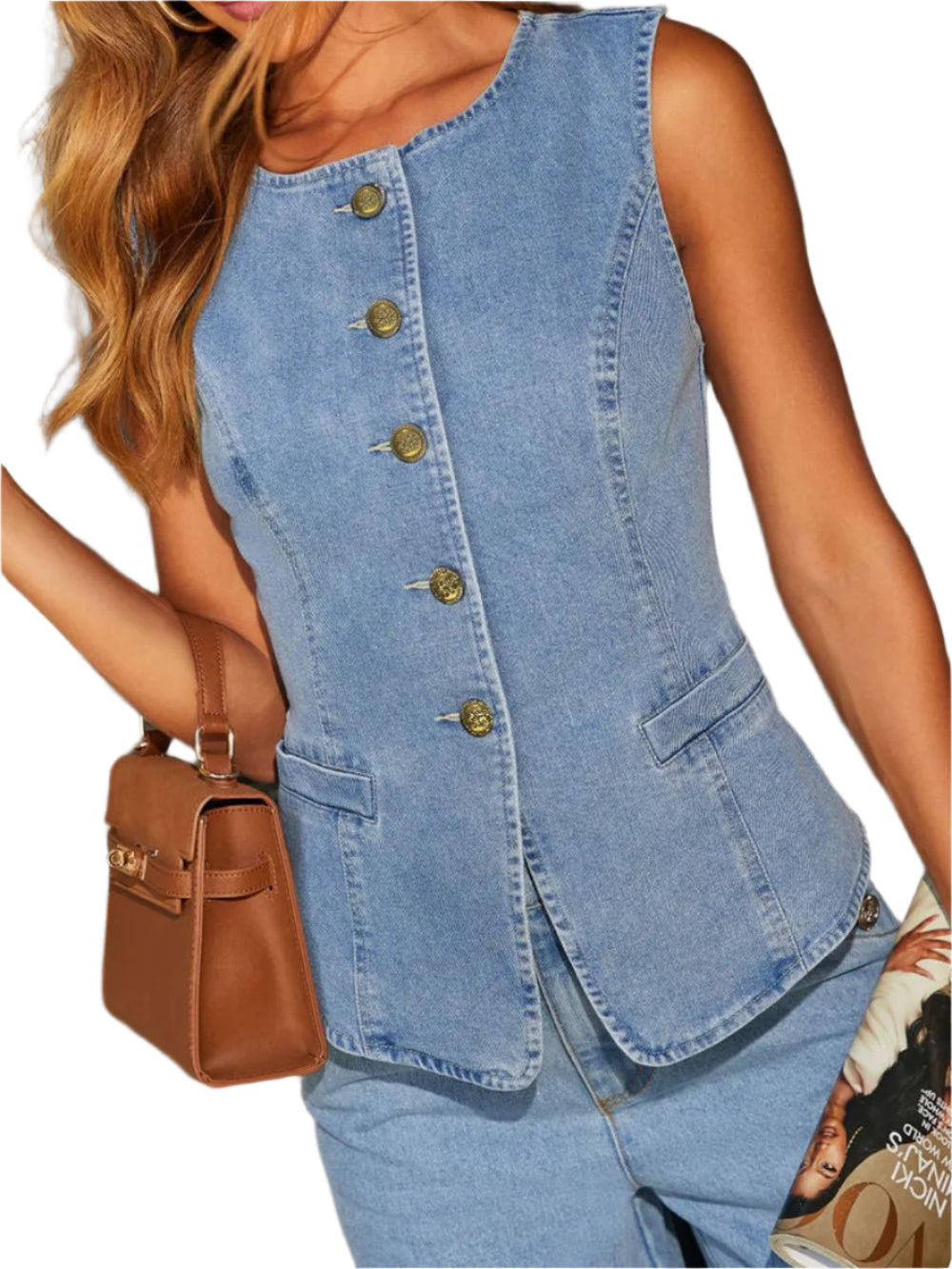 Women's Denim Button Front Sleeveless Top