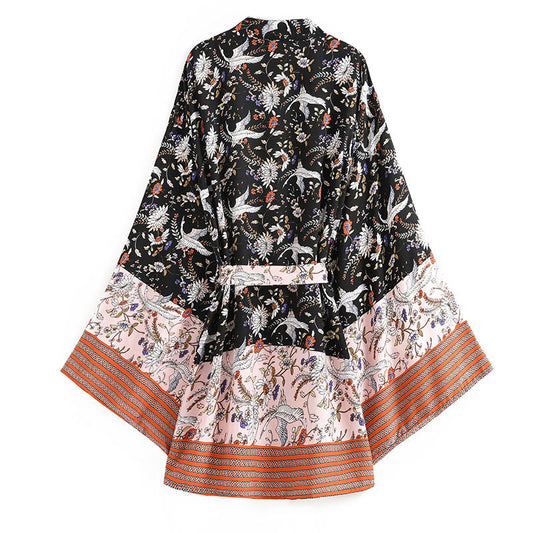 Women's Bohemian Style Black Pink Floral Bird Print Kimono Robe