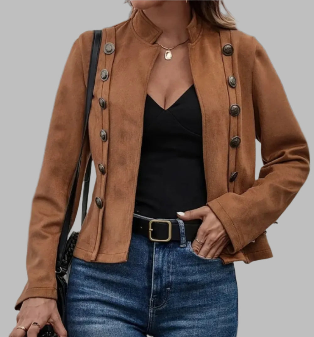 Women's Faux Suede Open Front Button Detail Fitted Jacket