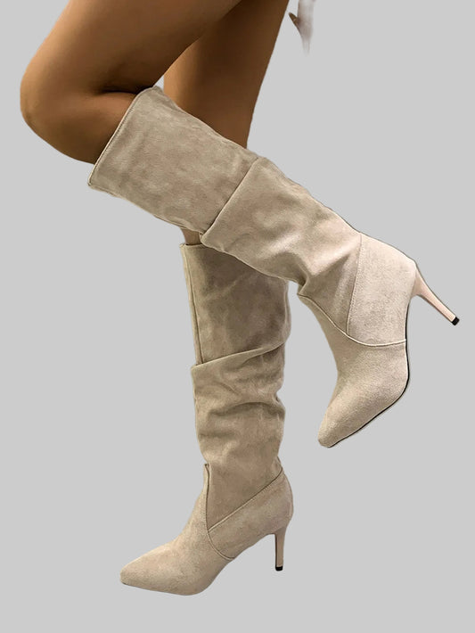 Women's Faux Suede Ruched Pull On Knee High Boots