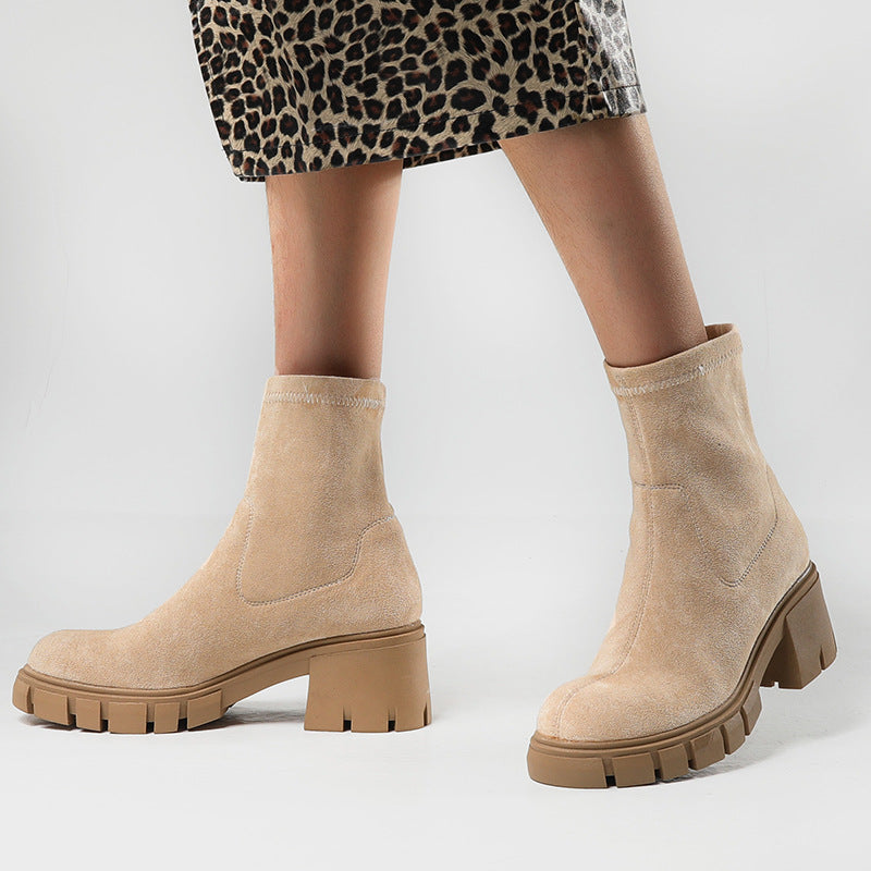 Women's Faux Suede Chunky Sole Pull On Ankle Boots