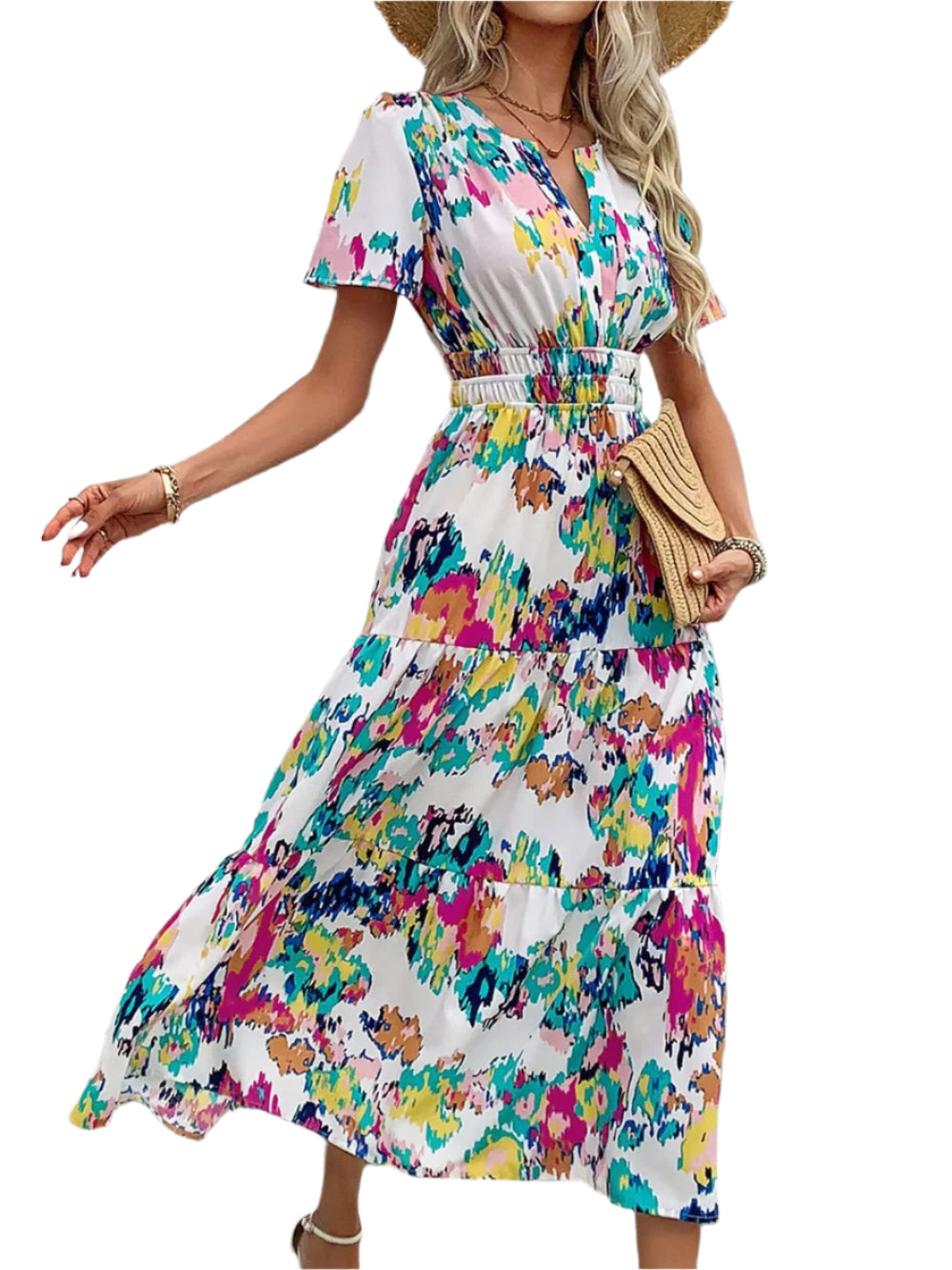 Women's Bright Floral Print V Neck Fitted Midi Dress