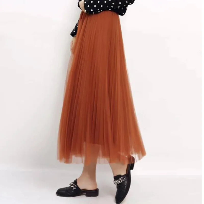 Women's Bohemian Style Mesh Pleated Midi Skirt