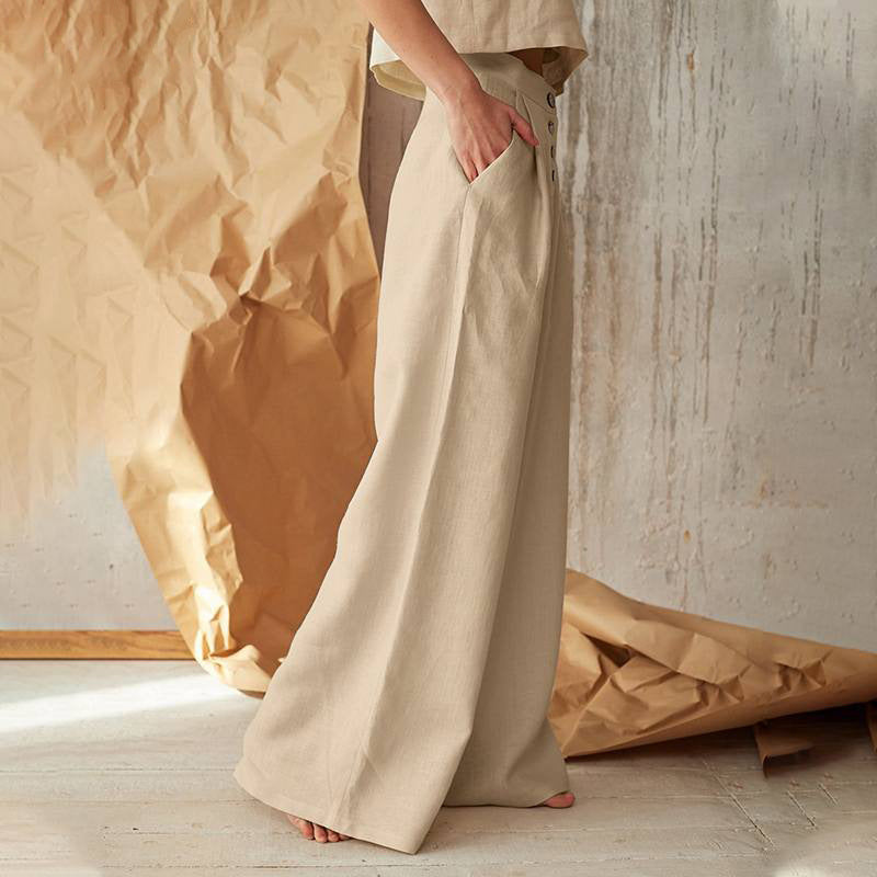 Women's Wide Leg Cotton Linen Baggy Trousers Loose Fitted with Pockets