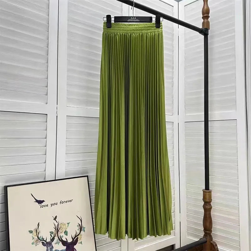 Women's Solid Colour Pleated Elastic Waist Maxi Skirt
