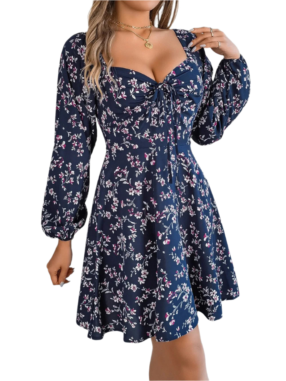 Women's Floral Print Sweetheart Neck Long Sleeve Mini Dress