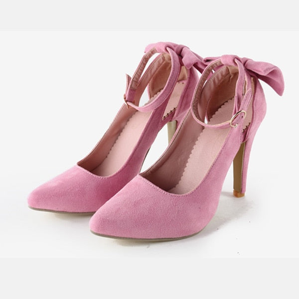 Women's Faux Suede Bow Detail High Heels Pointed Toe Thin Ankle Buckle Strap Stiletto Shoes