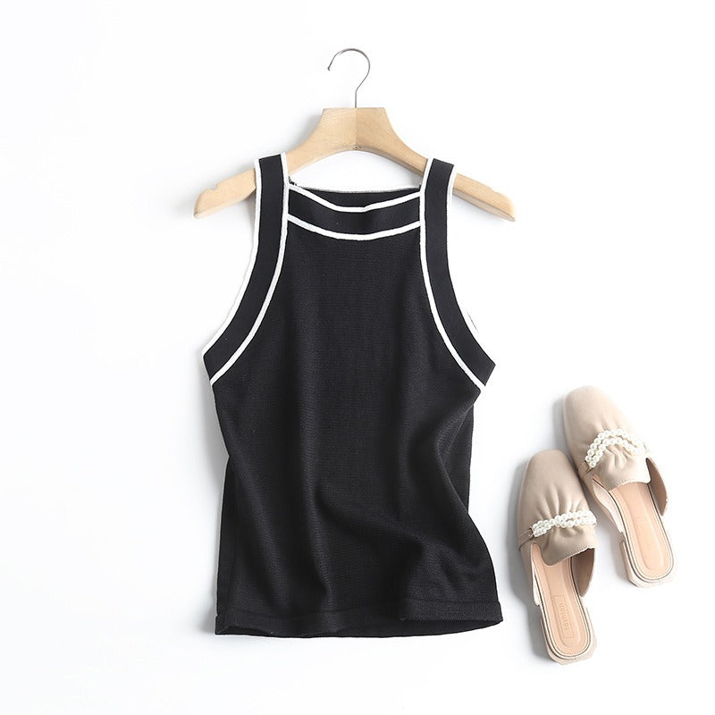Women's Knitted Contrast Trim Slim Fit Trim Edge Tank Top
