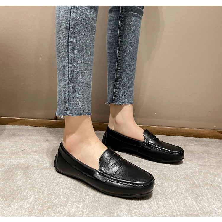 Women's Leather Loafer Style Flat Shoes Slip On Round Toe Footwear