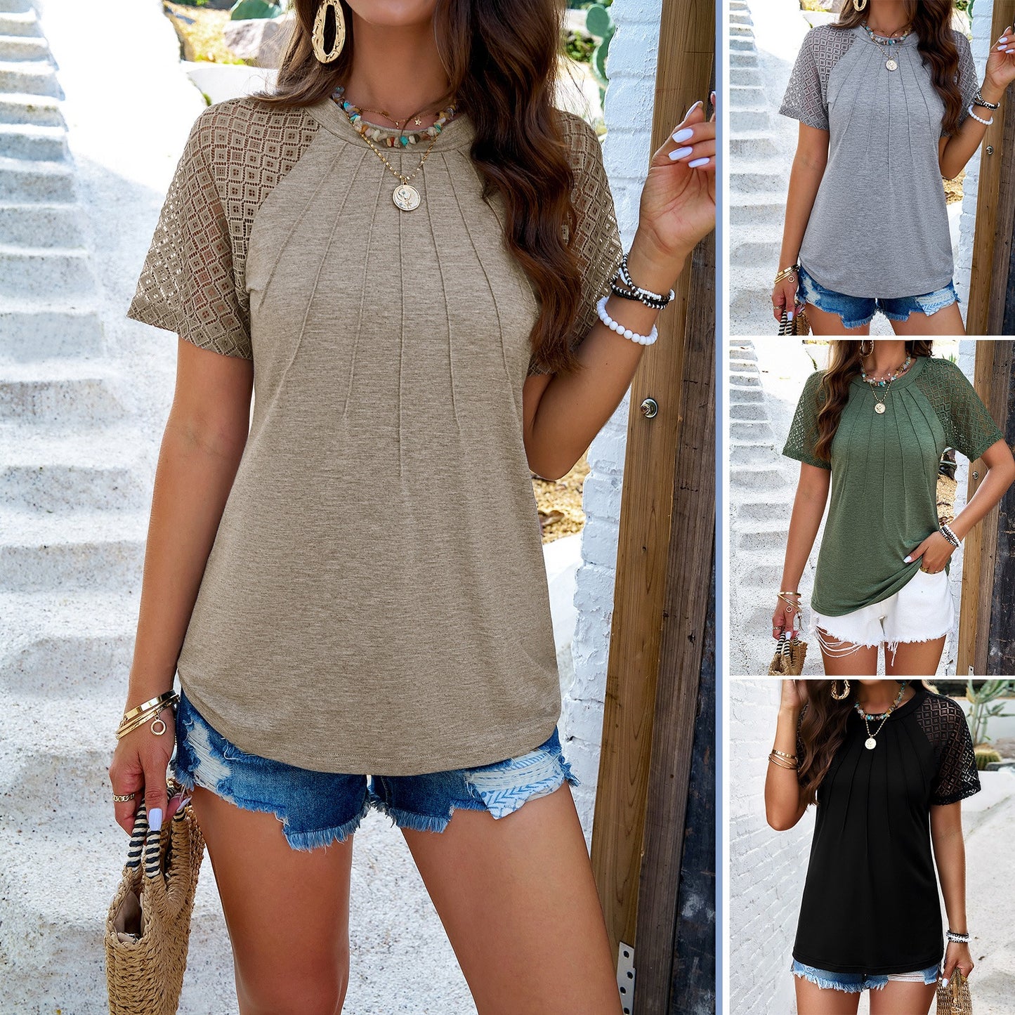 Women's Solid Colour Cut Out Detail Shoulder Lined Front Top Short Sleeve Round Neck T-shirt