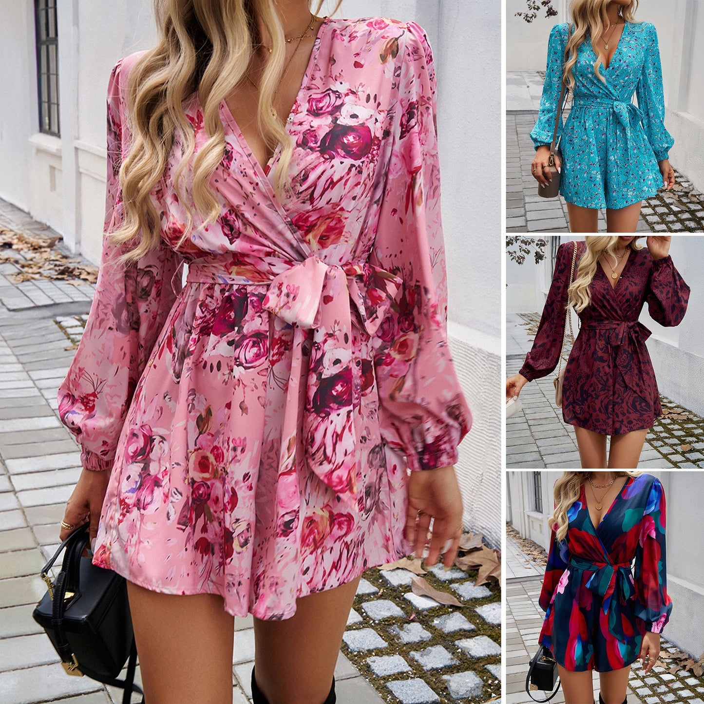 Women's Floral Print Playsuit V-neck Wrap Front Long Sleeve Short Length Tie Belt Waist