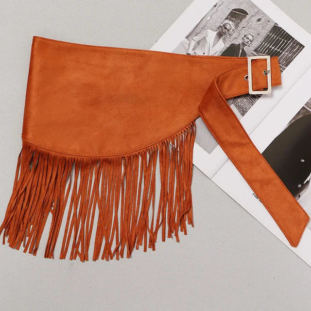 Women's Velvet Bohemian Wide Waistband Buckle Belt With Tassels