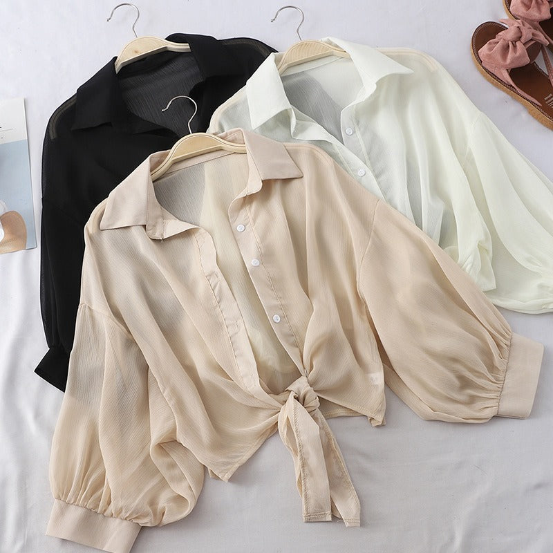 Women's Loose Sheer Blouse Tie Bottom Puff Sleeves Button Front Short Shirt